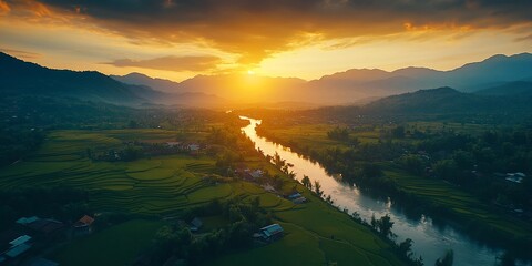 Wall Mural - Sunset over river valley, aerial view