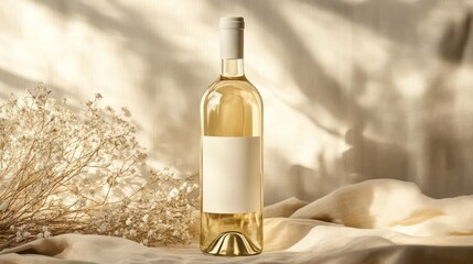 Poster - White wine bottle with blank label on beige fabric, sunlit background.