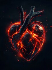 Poster - Heart made of lava with glowing veins against a dark background showcasing a fierce and powerful design. Generative AI