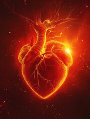 Aufkleber - Heart symbolizing passion and energy glowing in vibrant orange hues against a dark background. Generative AI