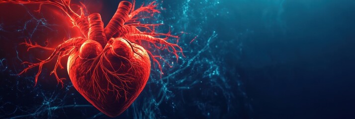 Leinwandbilder - Realistic rendering of a human heart surrounded by blue and purple light with detailed textures and veins. Generative AI