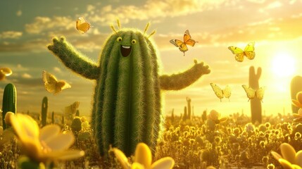 Poster - Happy cactus character in a desert landscape with butterflies and flowers at sunset.