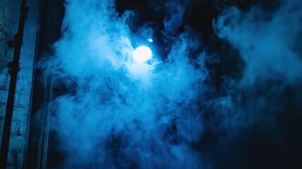 Aufkleber - Blue smoke obscures a bright light in a dark, possibly abandoned, room.