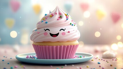 Poster - Happy cupcake with pink frosting and sprinkles.