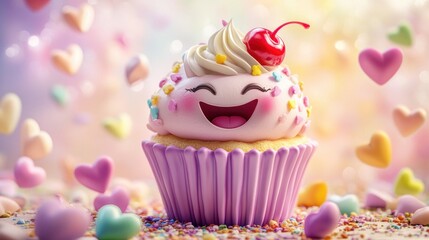 Poster - Happy cupcake with sprinkles and hearts.