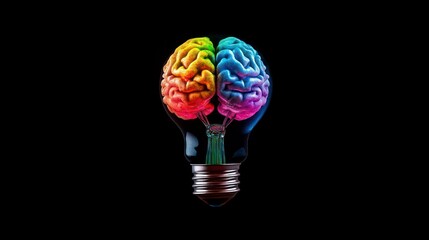 Aufkleber - Colorful brain inside a light bulb on black background, representing ideas and intelligence.