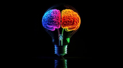 Aufkleber - Colorful brain inside a glowing lightbulb on black background.