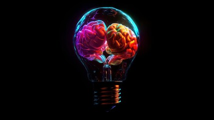 Aufkleber - Two vibrant brains inside a glowing lightbulb against a black background.