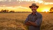 © Budsadee - A farmer standing in a field of wheat, proud expression, golden hour lighting, expansive farmland background,