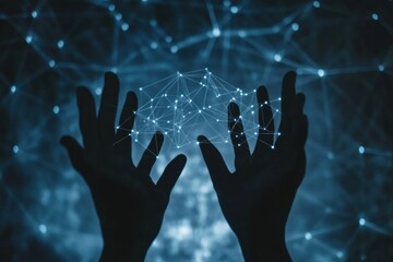 Aufkleber - Hands reaching out with connection lines and dots against a dark background signifying networking and collaboration. Generative AI