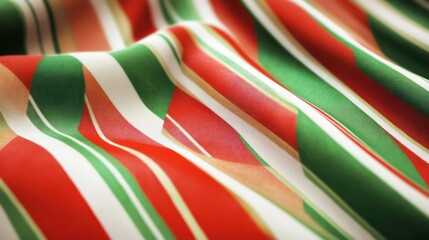 Poster - Close-up of red, green, and white striped fabric with soft waves and folds.