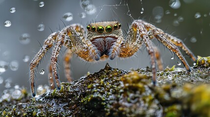 Wall Mural -   Close-up of a spider on a rock with water droplets on its face and legs