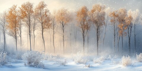 Wall Mural - Winter forest, frosted trees, sunrise, snowy landscape, peaceful scene