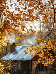 Fototapete - Rustic cabin surrounded by golden autumn leaves in a serene forest setting during late afternoon light. Generative AI