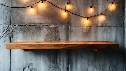 Empty brown wood plank board shelf at grunge concrete wall with light bulb string party background,Mock up for display or montage of product or design 