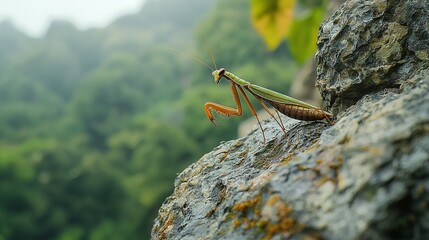 Wall Mural -   A close-up of a praying mantis on a rock surrounded by a lush forest