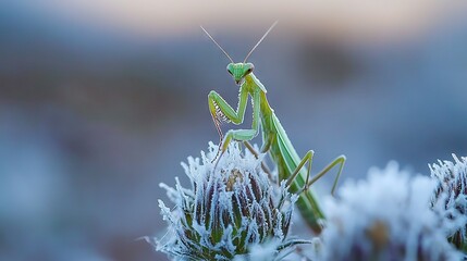 Wall Mural -    a grasshopper perched on a frosted leaf with a softly blurred background