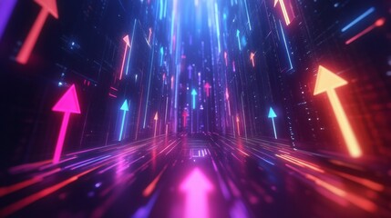 Leinwandbilder - Colorful neon arrows create a dynamic and futuristic environment in a digital space with glowing effects and vibrant lights. Generative AI