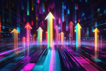 Fototapete - Vibrant arrows in a digital landscape showcasing upward movement and growth in a neon lit environment. Generative AI
