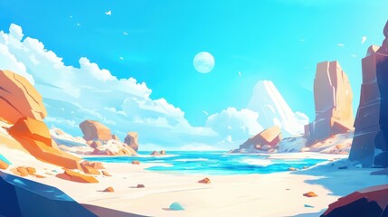 Wall Mural - Idyllic Beach Scene with Rocks and a Distant Mountain