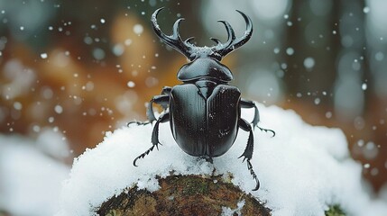 Wall Mural -   A beetle perched atop a wooden slab dusted with snowfall, adorned with frosted flakes