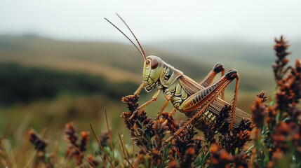 Wall Mural -   A pair of grasshoppers perched atop an orange-brown flower field