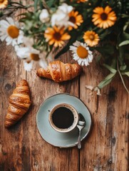 Poster - Morning coffee and croissants with flowers on a rustic wooden table create a cozy breakfast atmosphere. Generative AI