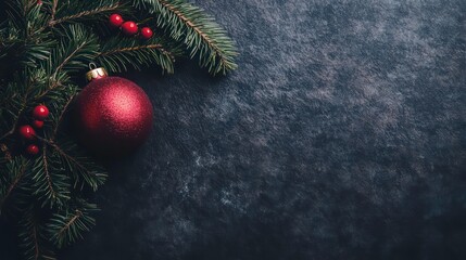 Wall Mural - Festive Christmas background with red bauble, fir branches, and berries on dark textured surface.