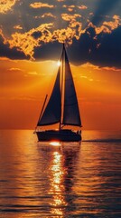 Poster - Beautiful sunset with a sailboat gliding across calm waters reflecting golden hues. Generative AI