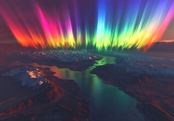 Beautiful planet with colorful aurora, space background, view from the sky, planet surface with mountains and rivers, colorful light effect on the Earth's atmosphere, bright blue sun rays shining 