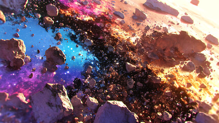 Wall Mural - Cosmic landscape featuring colorful nebulae, asteroids, and a vibrant starry background