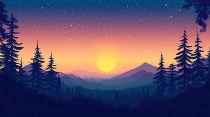 Wall Mural - Serene Sunset Over Majestic Mountain Range And Pine Trees