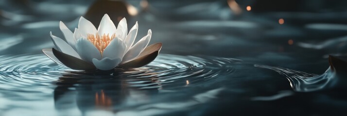 Aufkleber - White lotus flower floating gracefully on calm water surrounded by shimmering reflections in a peaceful setting. Generative AI