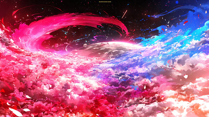 Wall Mural - vibrant cosmic landscape with swirling clouds and celestial bodies, creating a dreamlike atmosphere