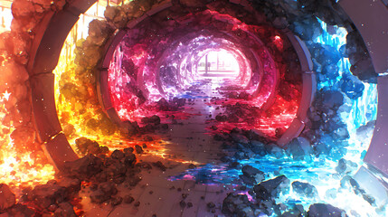 Wall Mural - vibrant tunnel of colorful crystals and rocks, leading to a bright light source in the background