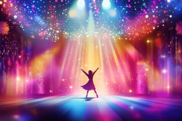 Fototapete - Dancer performs energetically under colorful lights in an illuminated theater setting during a vibrant evening show. Generative AI