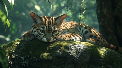 Sticker - Ocelot resting on mossy rock in lush jungle.