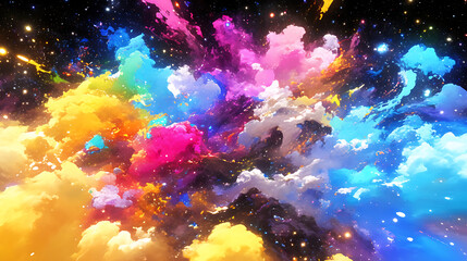 Wall Mural - vibrant cosmic explosion of colorful clouds against a starry background, depicting creativity