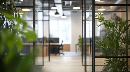 Poster - Modern office interior with glass partitions and plants.