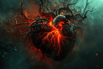 Poster - Heart of fire surrounded by dark branches emits glowing lava in a mystical forest setting. Generative AI