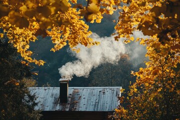 Fototapete - Cozy cabin with smoke rising from chimney amidst vibrant autumn foliage in a serene landscape. Generative AI
