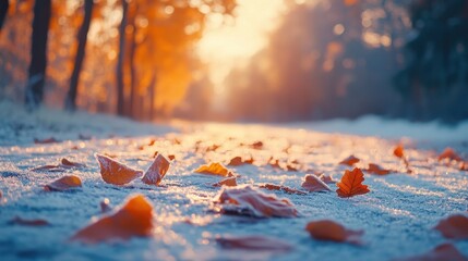 Canvas Print - frozen autumn leaves on snowy ground, sunlit path. perfect for winter, autumn, nature, and peaceful 