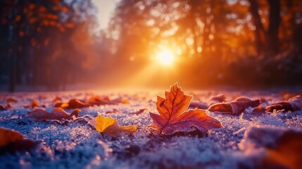 Canvas Print - frozen autumn leaves at sunrise, frost on ground. perfect for fall, winter, or nature themes, evokes