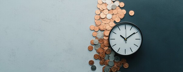 A clock and coins representing time and financial concepts.