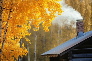Poster - Charming cabin with smoke curling from the chimney surrounded by golden autumn leaves in a peaceful landscape. Generative AI