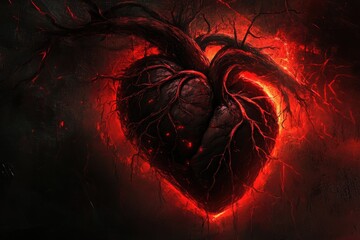 Aufkleber - Dark heart with twisted roots glowing in red light against shadowy background. Generative AI
