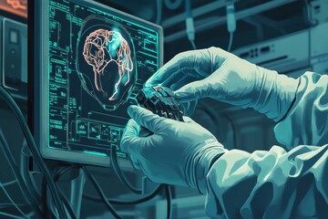 Fototapete - Healthcare professional analyzes brain activity on computer screen while holding advanced diagnostic device in laboratory setting. Generative AI