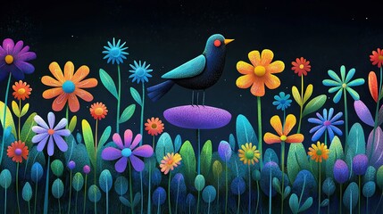 Canvas Print -   Bird on Rock in Flower Field with Full Moon