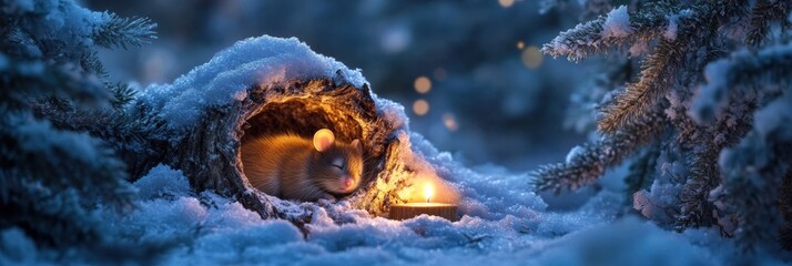 Poster - Winter wonderland with a small animal nestled in a snow covered burrow beside a flickering candle at dusk. Generative AI