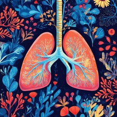 Poster - Creative depiction of human lungs surrounded by vibrant flora and colorful plant life in a harmonious setting. Generative AI